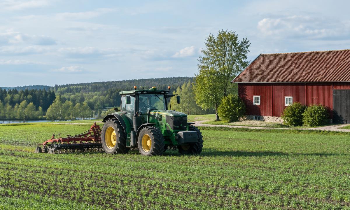 Traktor på ett svenskt jordbruk intill en röd lada