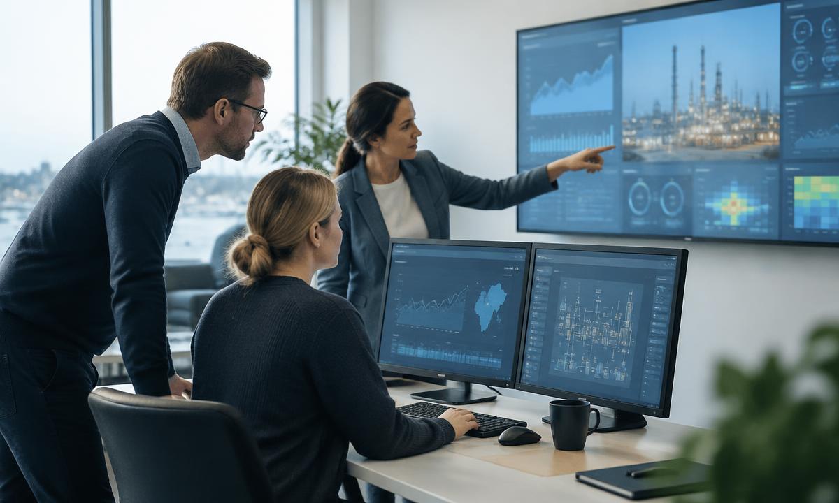 Företagsteam som arbetar med digitala industrisystem