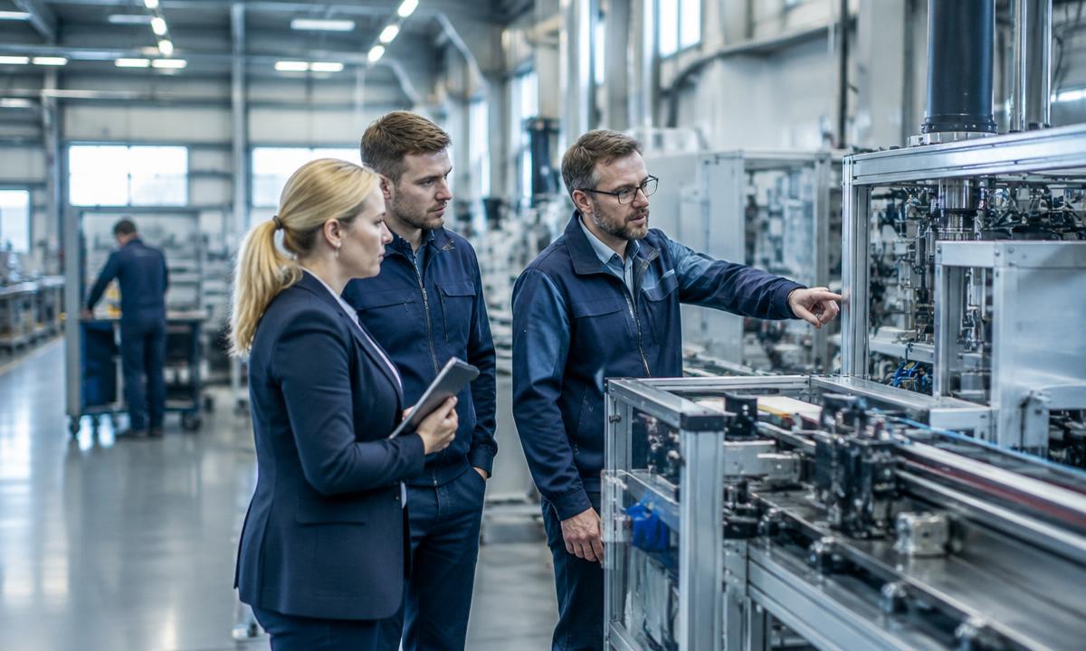 Medarbetare som inspekterar modern industriproduktion